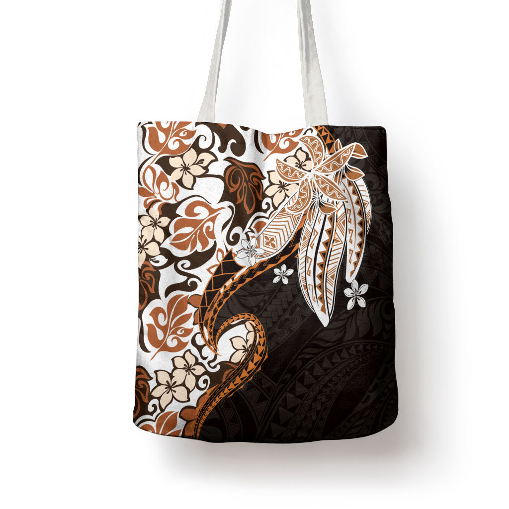 Monstera Plumeria Flowers Orange Tote Bag Polynesian Pattern