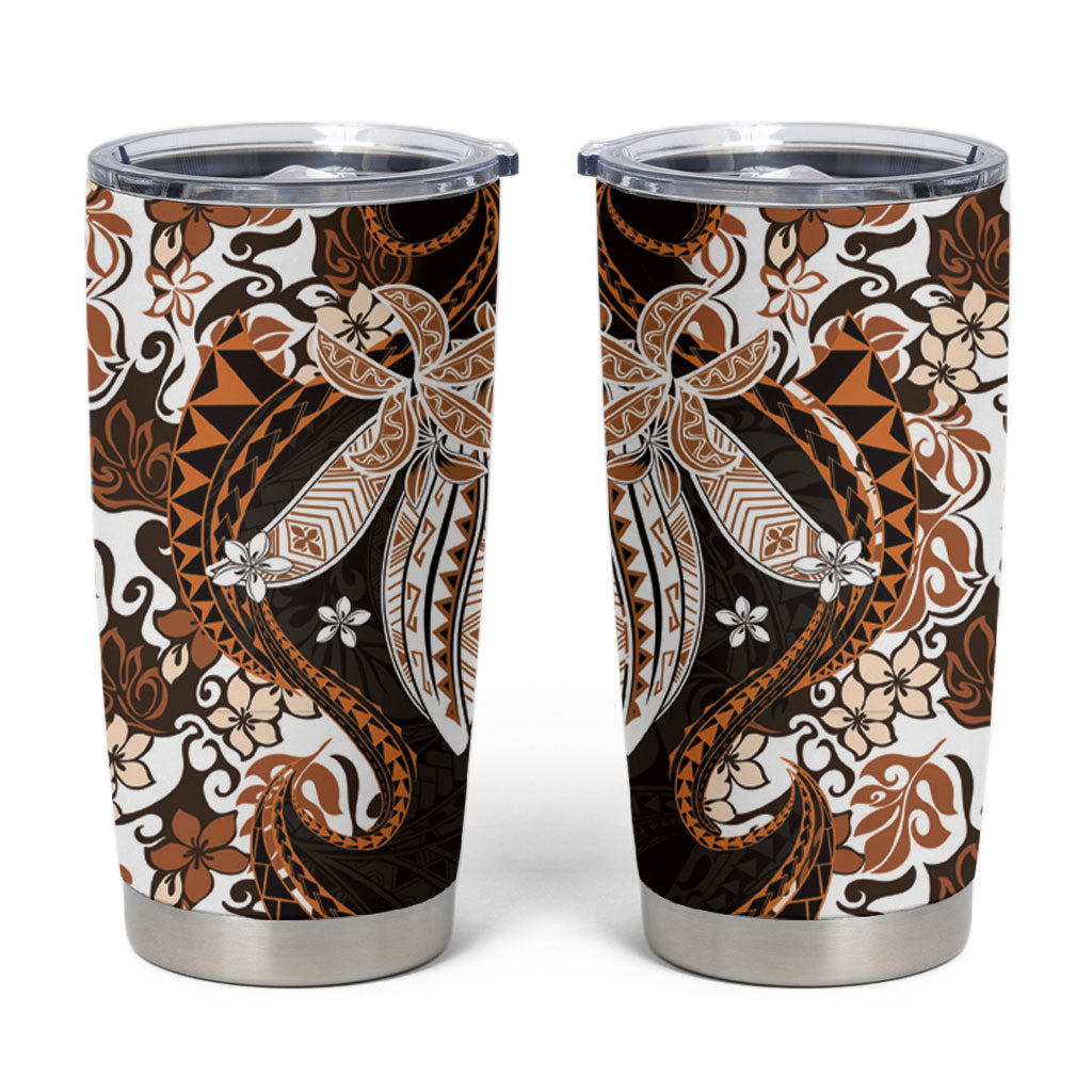 Monstera Plumeria Flowers Orange Tumbler Cup Polynesian Pattern