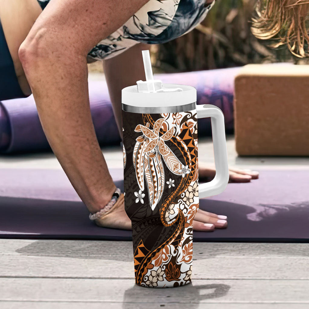 Monstera Plumeria Flowers Orange Tumbler With Handle Polynesian Pattern