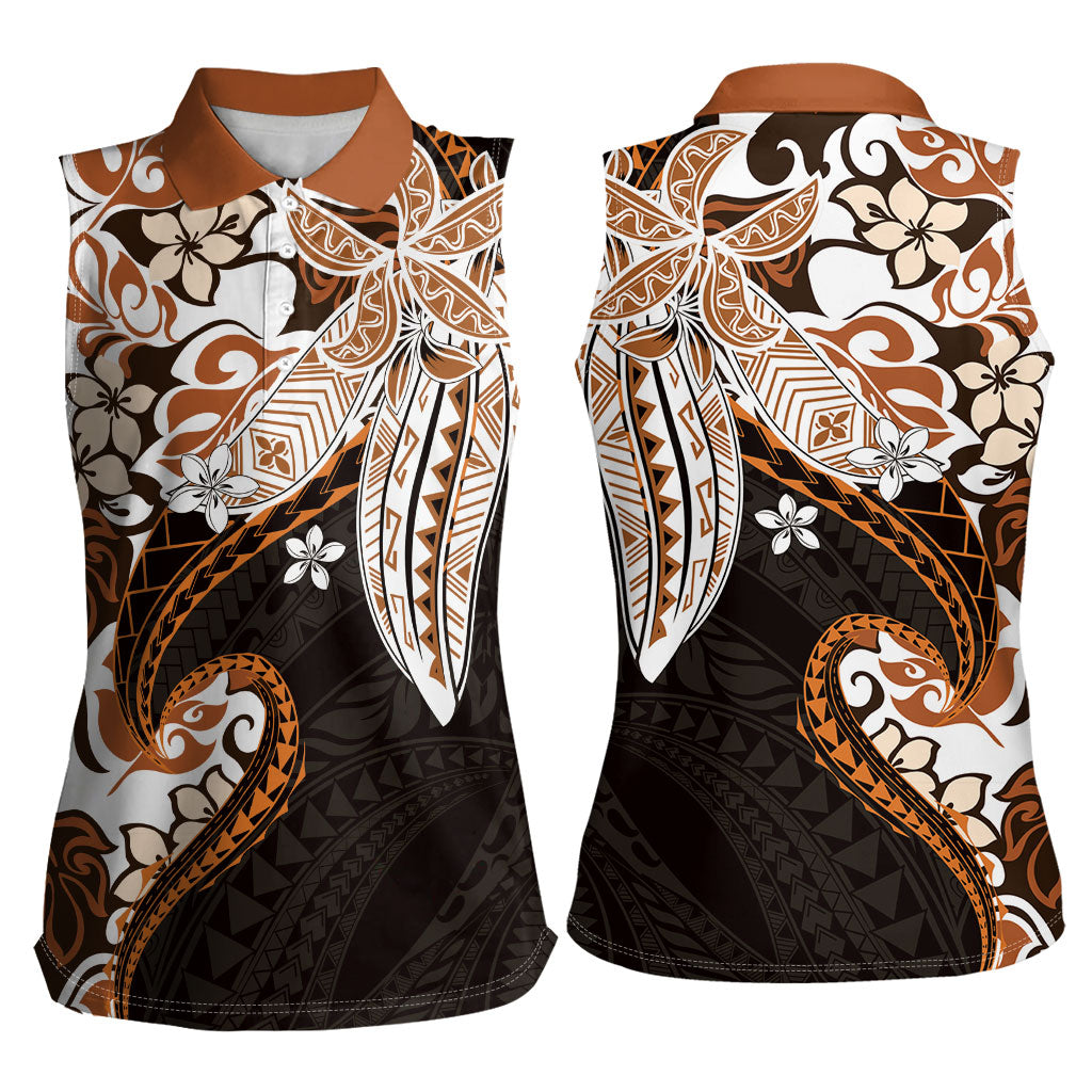 Monstera Plumeria Flowers Orange Women Sleeveless Polo Shirt Polynesian Pattern