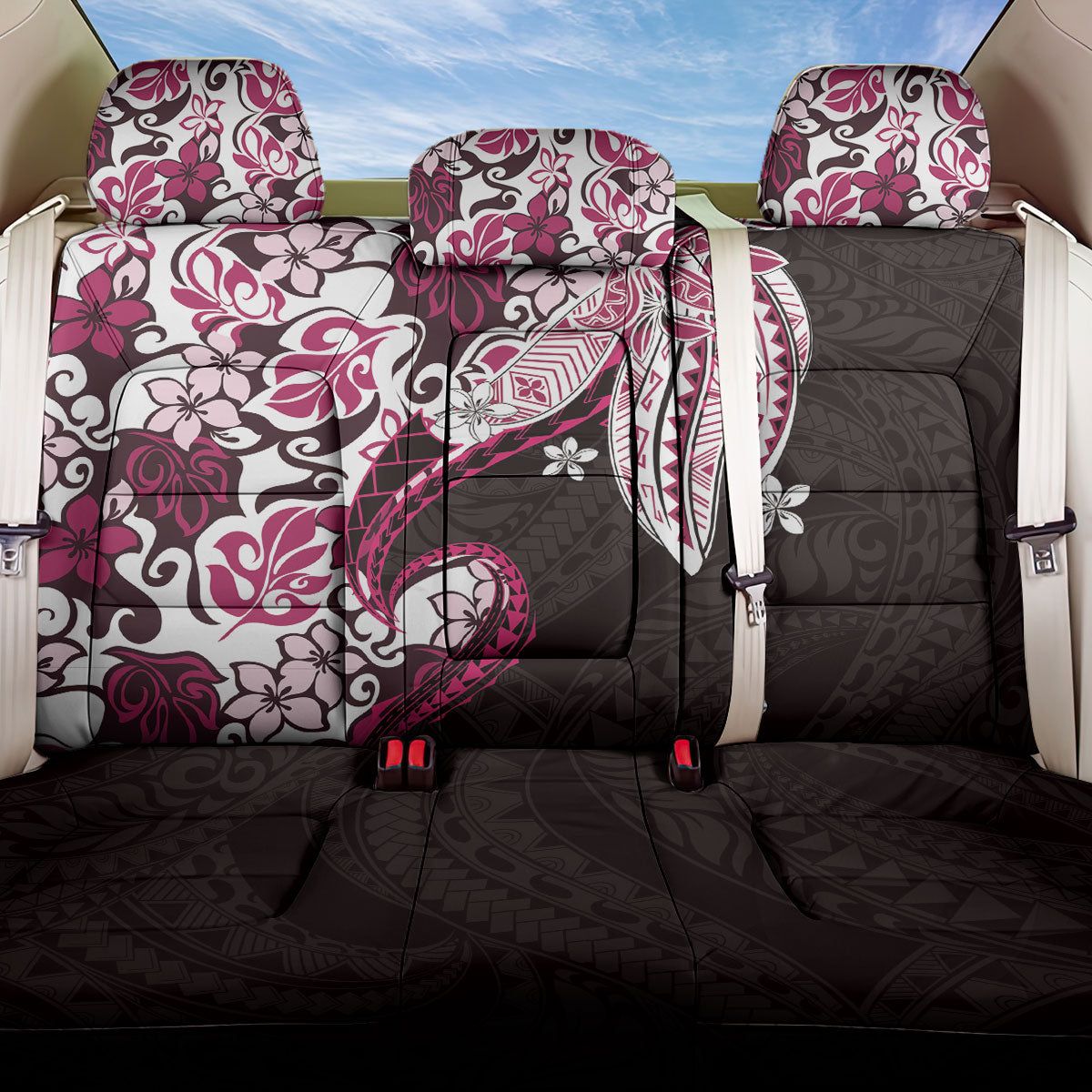 Monstera Plumeria Flowers Pink Back Car Seat Cover Polynesian Pattern