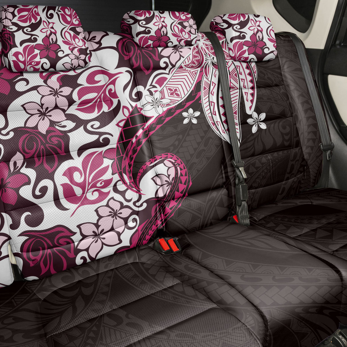 Monstera Plumeria Flowers Pink Back Car Seat Cover Polynesian Pattern