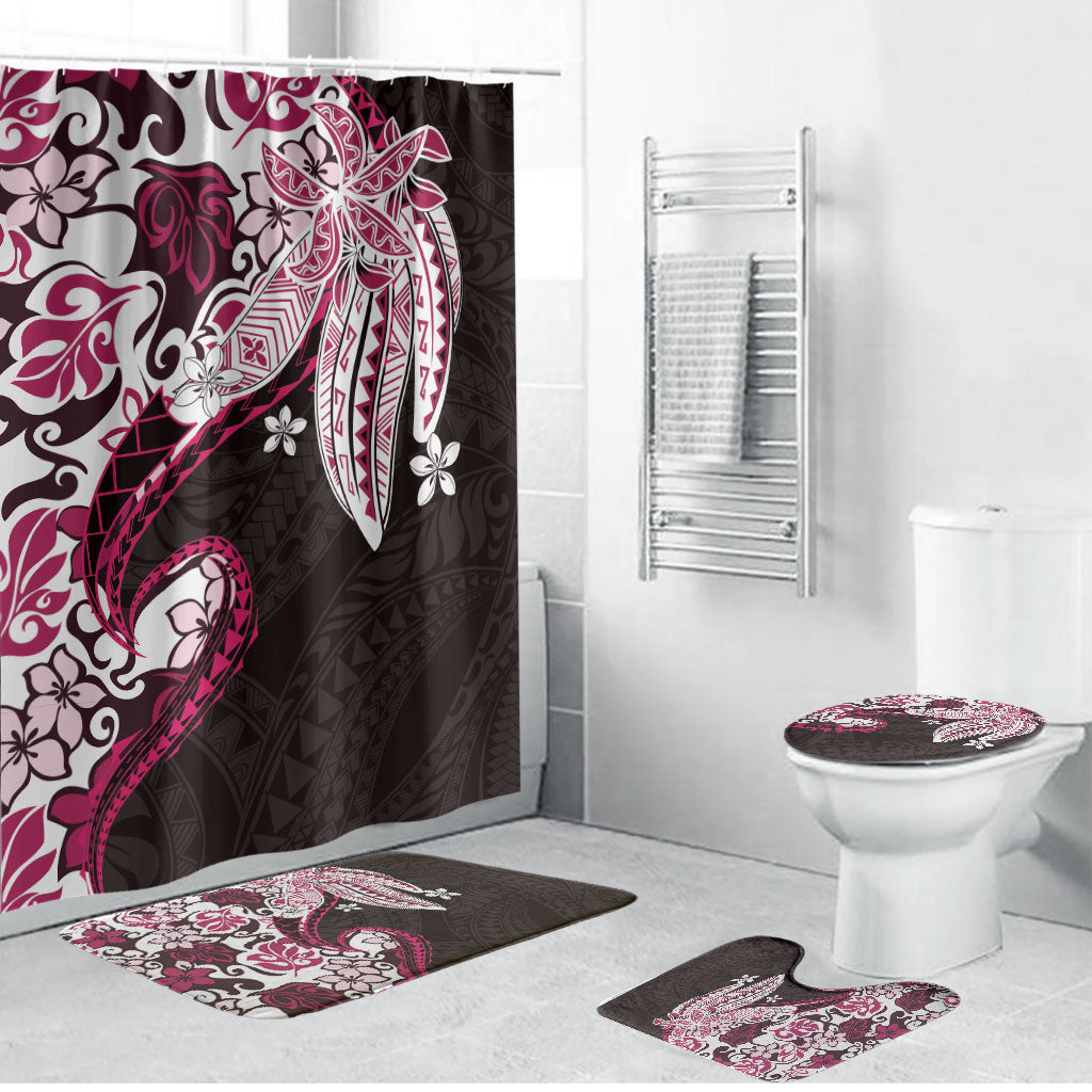 Monstera Plumeria Flowers Pink Bathroom Set Polynesian Pattern