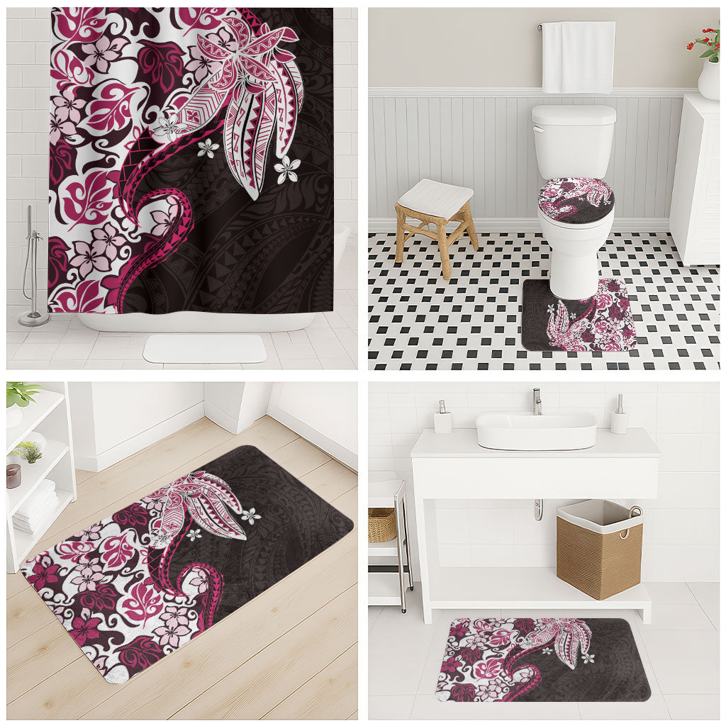 Monstera Plumeria Flowers Pink Bathroom Set Polynesian Pattern
