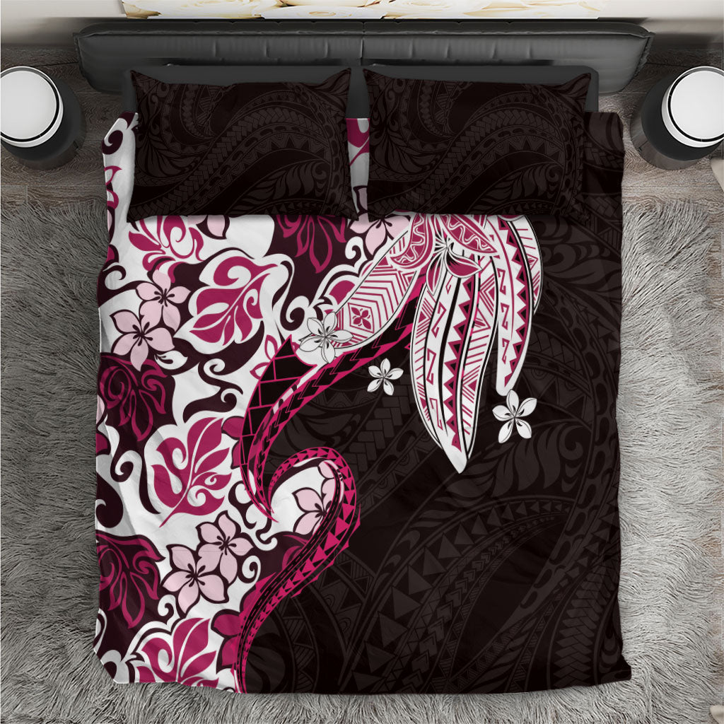 Monstera Plumeria Flowers Pink Bedding Set Polynesian Pattern