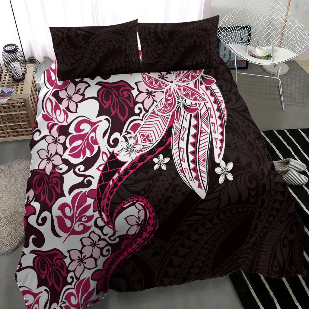 Monstera Plumeria Flowers Pink Bedding Set Polynesian Pattern