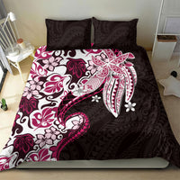 Monstera Plumeria Flowers Pink Bedding Set Polynesian Pattern