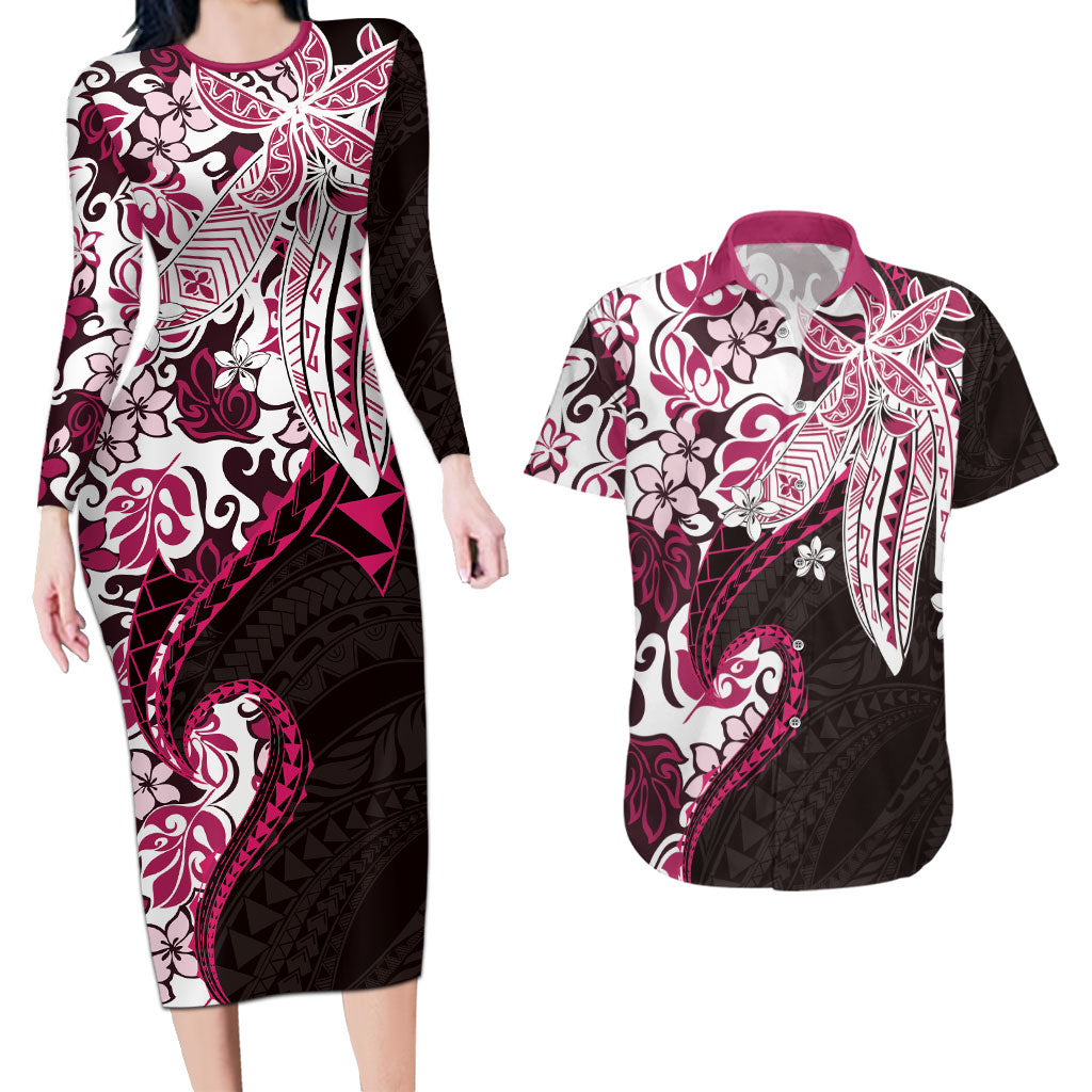 Monstera Plumeria Flowers Pink Couples Matching Long Sleeve Bodycon Dress and Hawaiian Shirt Polynesian Pattern