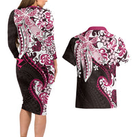 Monstera Plumeria Flowers Pink Couples Matching Long Sleeve Bodycon Dress and Hawaiian Shirt Polynesian Pattern