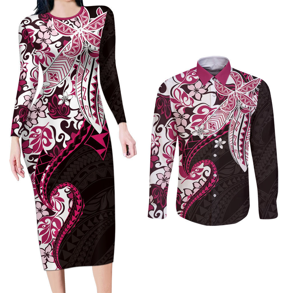 Monstera Plumeria Flowers Pink Couples Matching Long Sleeve Bodycon Dress and Long Sleeve Button Shirt Polynesian Pattern