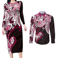 Monstera Plumeria Flowers Pink Couples Matching Long Sleeve Bodycon Dress and Long Sleeve Button Shirt Polynesian Pattern
