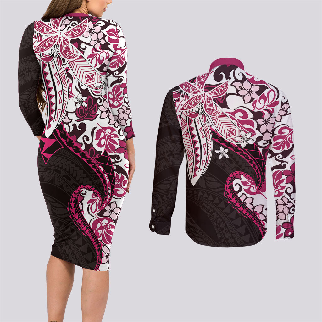 Monstera Plumeria Flowers Pink Couples Matching Long Sleeve Bodycon Dress and Long Sleeve Button Shirt Polynesian Pattern