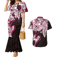 Monstera Plumeria Flowers Pink Couples Matching Mermaid Dress and Hawaiian Shirt Polynesian Pattern