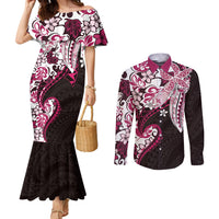 Monstera Plumeria Flowers Pink Couples Matching Mermaid Dress and Long Sleeve Button Shirt Polynesian Pattern