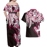 Monstera Plumeria Flowers Pink Couples Matching Off Shoulder Maxi Dress and Hawaiian Shirt Polynesian Pattern