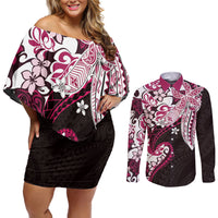 Monstera Plumeria Flowers Pink Couples Matching Off Shoulder Short Dress and Long Sleeve Button Shirt Polynesian Pattern