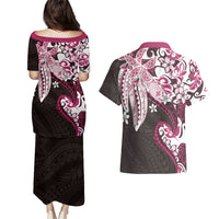 Monstera Plumeria Flowers Pink Couples Matching Puletasi and Hawaiian Shirt Polynesian Pattern