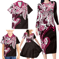 Monstera Plumeria Flowers Pink Family Matching Long Sleeve Bodycon Dress and Hawaiian Shirt Polynesian Pattern LT01 - Polynesian Pride