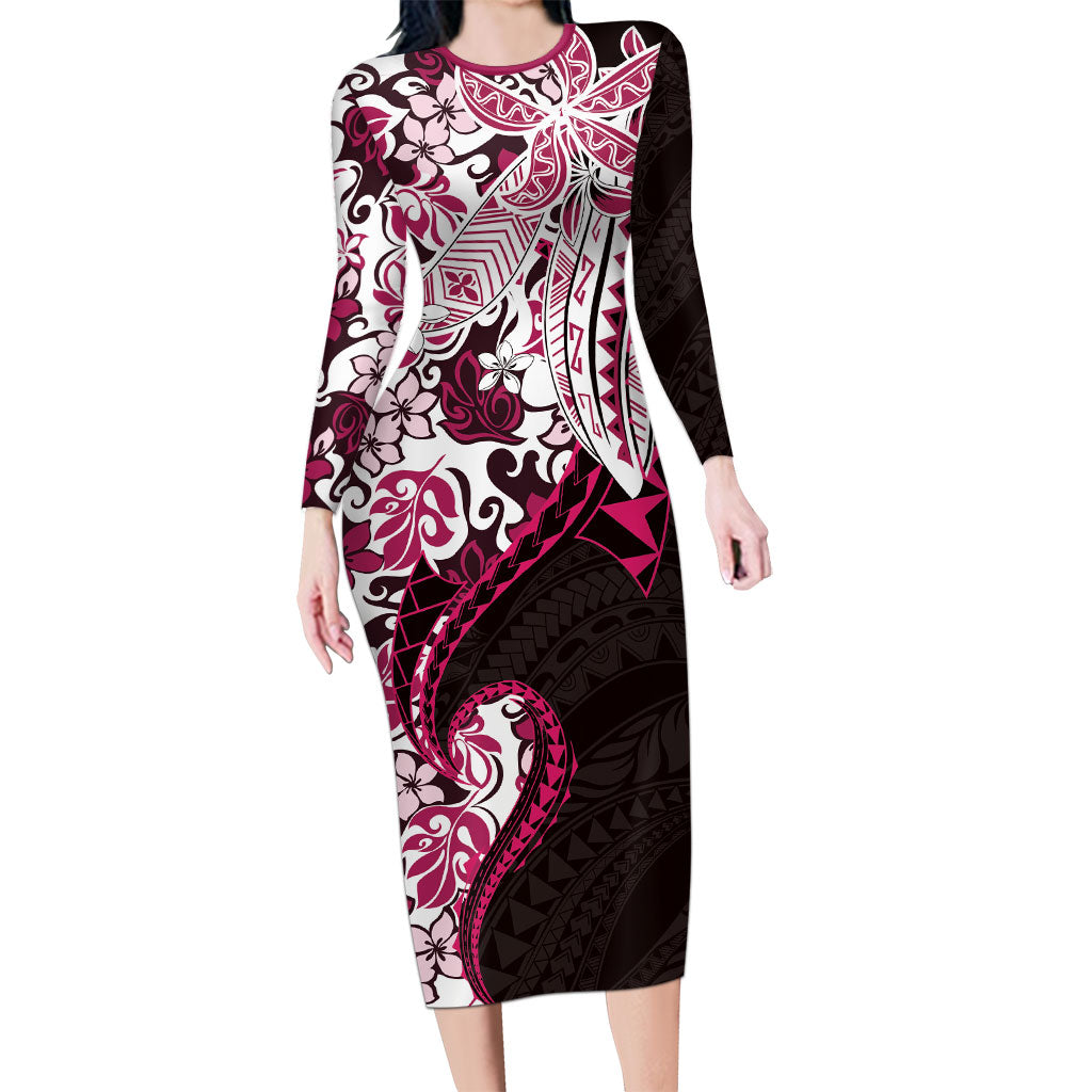 Monstera Plumeria Flowers Pink Family Matching Long Sleeve Bodycon Dress and Hawaiian Shirt Polynesian Pattern LT01 Mom's Dress Pink - Polynesian Pride