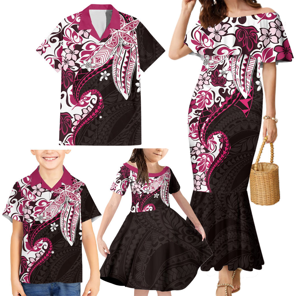 Monstera Plumeria Flowers Pink Family Matching Mermaid Dress and Hawaiian Shirt Polynesian Pattern
