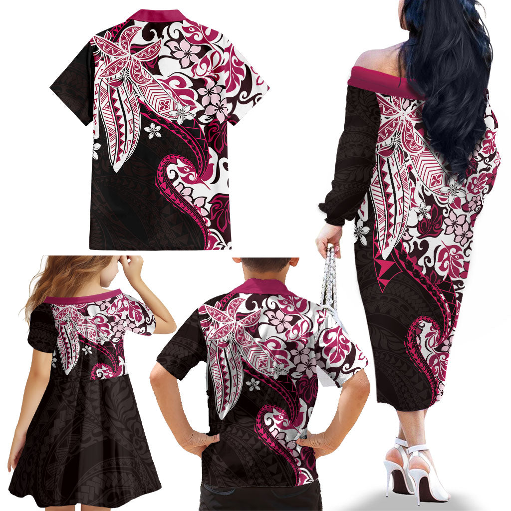 Monstera Plumeria Flowers Pink Family Matching Off The Shoulder Long Sleeve Dress and Hawaiian Shirt Polynesian Pattern LT01 - Polynesian Pride