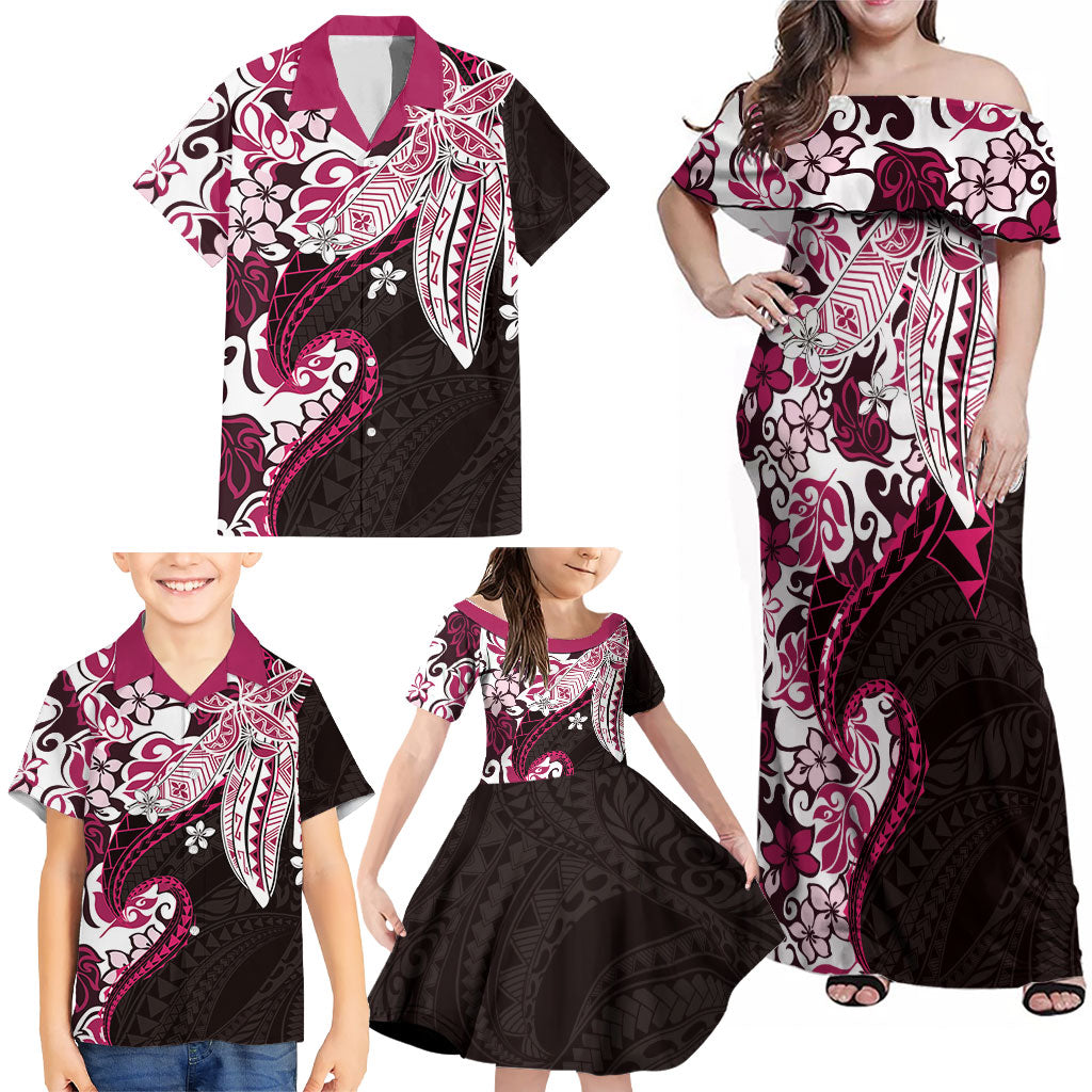 Monstera Plumeria Flowers Pink Family Matching Off Shoulder Maxi Dress and Hawaiian Shirt Polynesian Pattern
