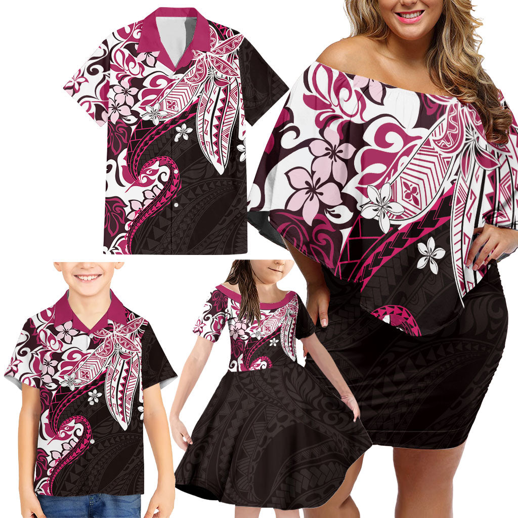 Monstera Plumeria Flowers Pink Family Matching Off Shoulder Short Dress and Hawaiian Shirt Polynesian Pattern