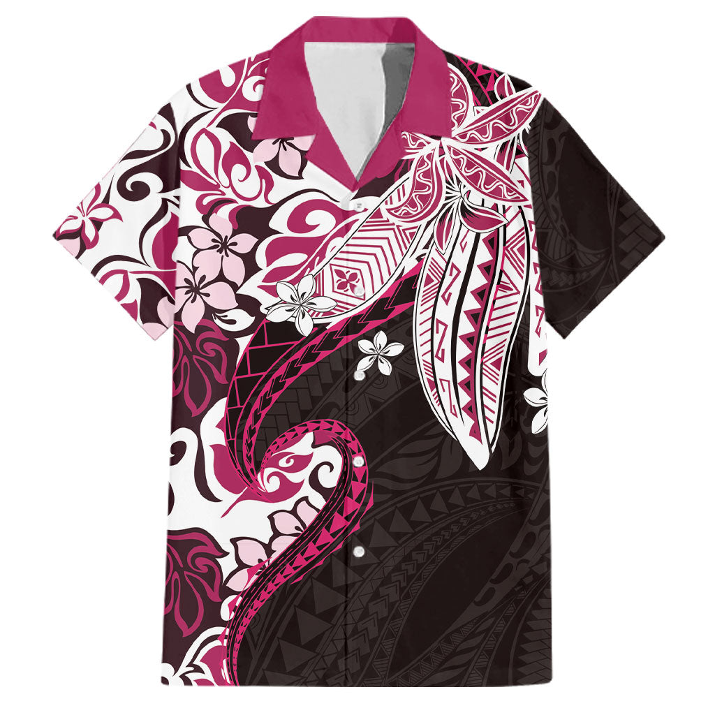 Monstera Plumeria Flowers Pink Family Matching Short Sleeve Bodycon Dress and Hawaiian Shirt Polynesian Pattern LT01 Dad's Shirt - Short Sleeve Pink - Polynesian Pride