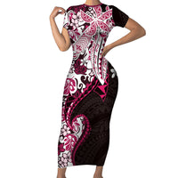 Monstera Plumeria Flowers Pink Family Matching Short Sleeve Bodycon Dress and Hawaiian Shirt Polynesian Pattern LT01 Mom's Dress Pink - Polynesian Pride