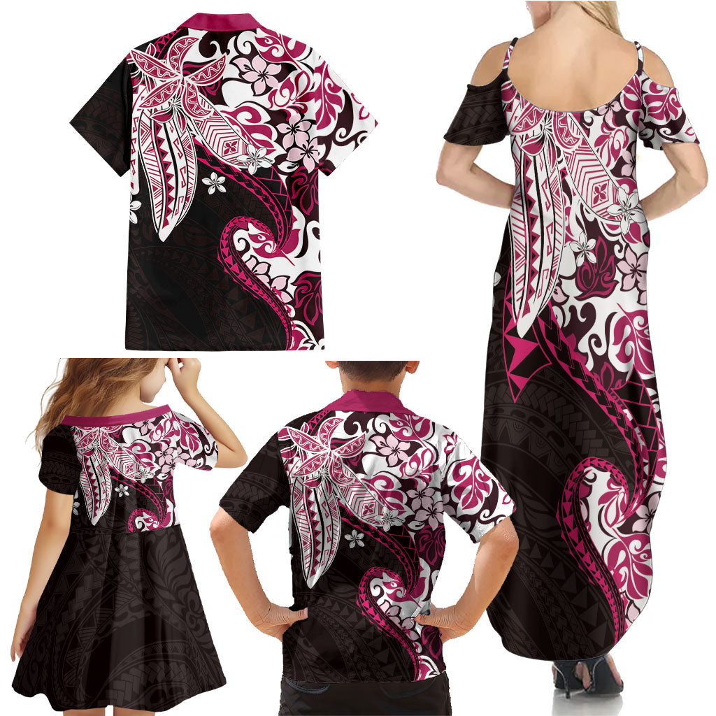 Monstera Plumeria Flowers Pink Family Matching Summer Maxi Dress and Hawaiian Shirt Polynesian Pattern