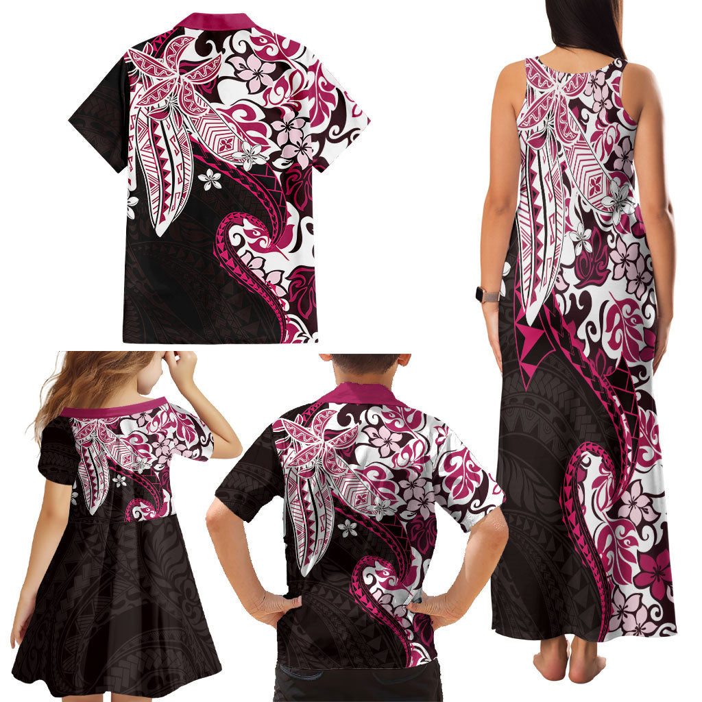 Monstera Plumeria Flowers Pink Family Matching Tank Maxi Dress and Hawaiian Shirt Polynesian Pattern
