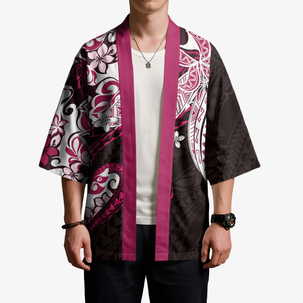 Monstera Plumeria Flowers Pink Kimono Polynesian Pattern