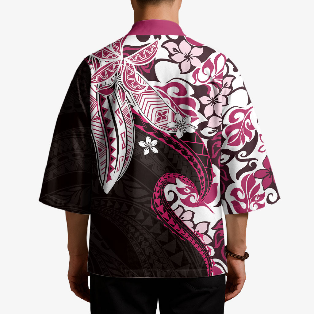Monstera Plumeria Flowers Pink Kimono Polynesian Pattern