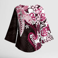 Monstera Plumeria Flowers Pink Kimono Sleeve Blouse Polynesian Pattern