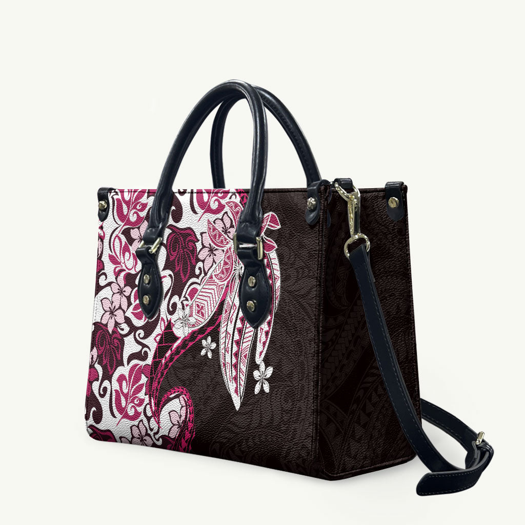 Monstera Plumeria Flowers Pink Leather Bag Polynesian Pattern
