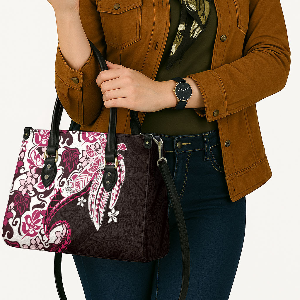 Monstera Plumeria Flowers Pink Leather Bag Polynesian Pattern
