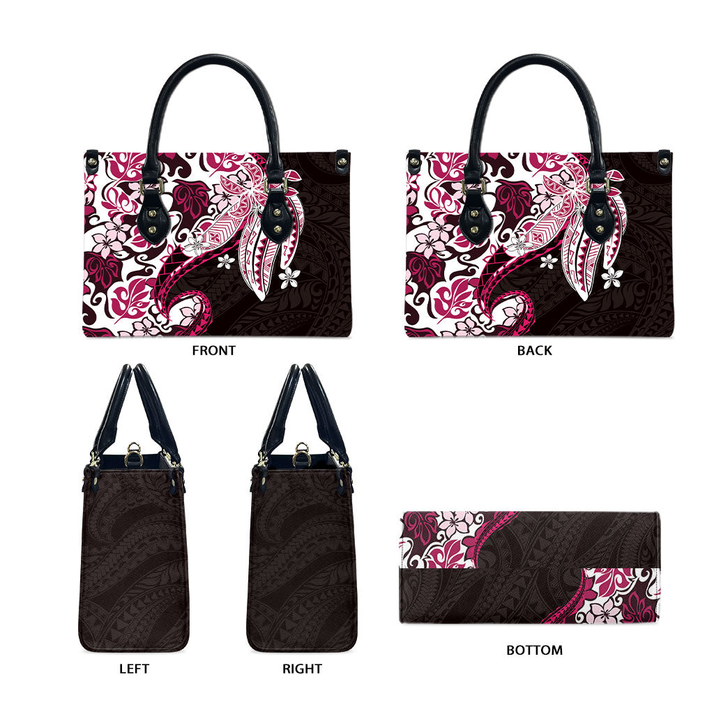 Monstera Plumeria Flowers Pink Leather Bag Polynesian Pattern