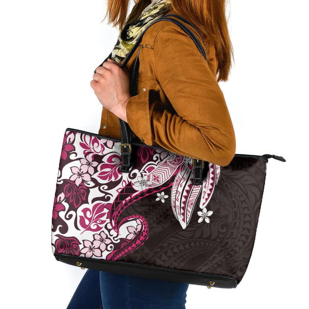 Monstera Plumeria Flowers Pink Leather Tote Bag Polynesian Pattern