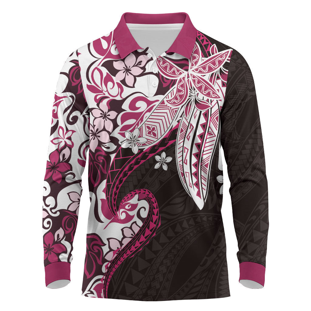 Monstera Plumeria Flowers Pink Long Sleeve Polo Shirt Polynesian Pattern