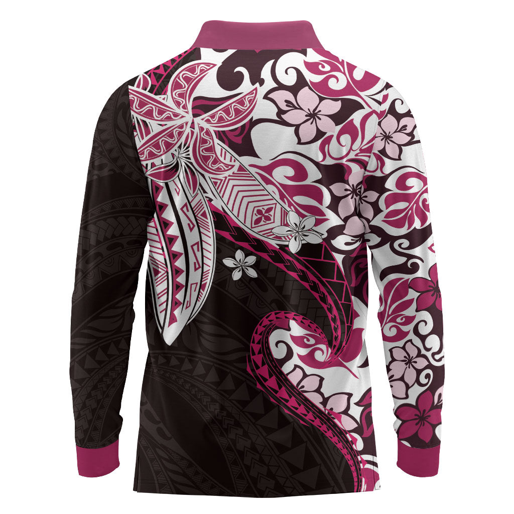 Monstera Plumeria Flowers Pink Long Sleeve Polo Shirt Polynesian Pattern