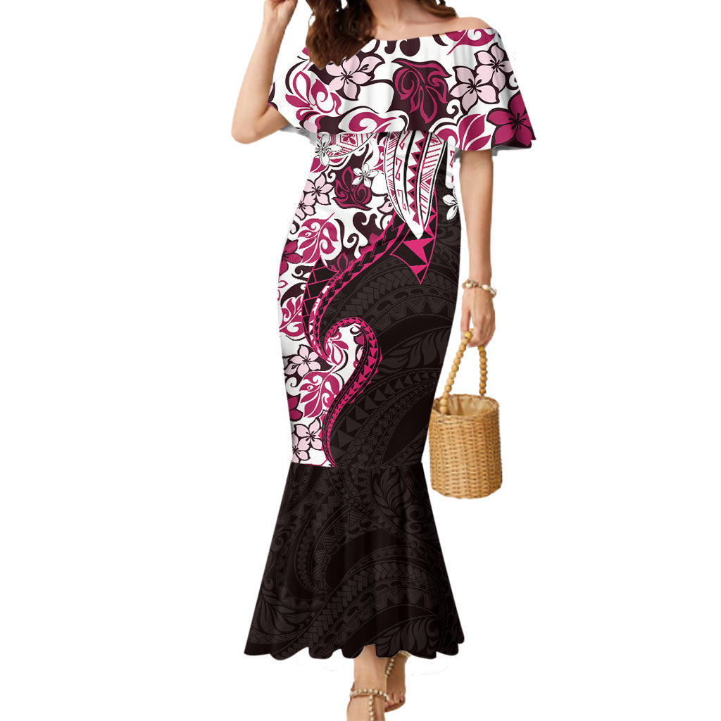 Monstera Plumeria Flowers Pink Mermaid Dress Polynesian Pattern