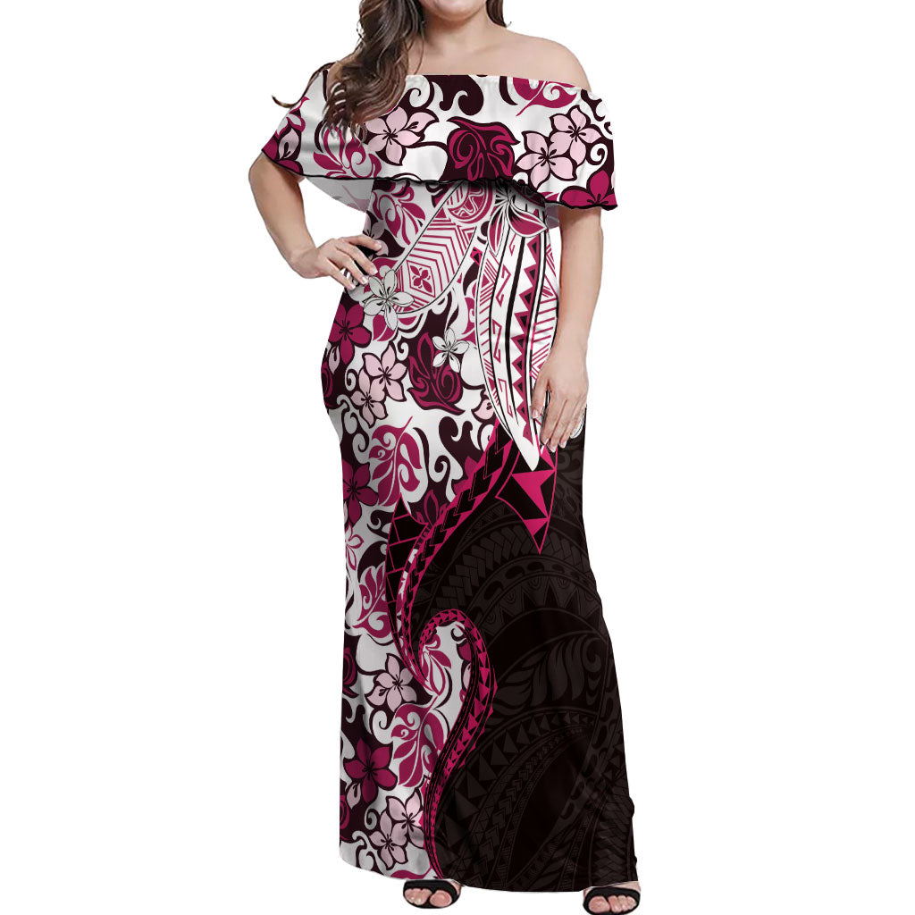Monstera Plumeria Flowers Pink Off Shoulder Maxi Dress Polynesian Pattern