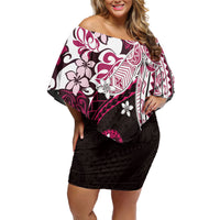 Monstera Plumeria Flowers Pink Off Shoulder Short Dress Polynesian Pattern