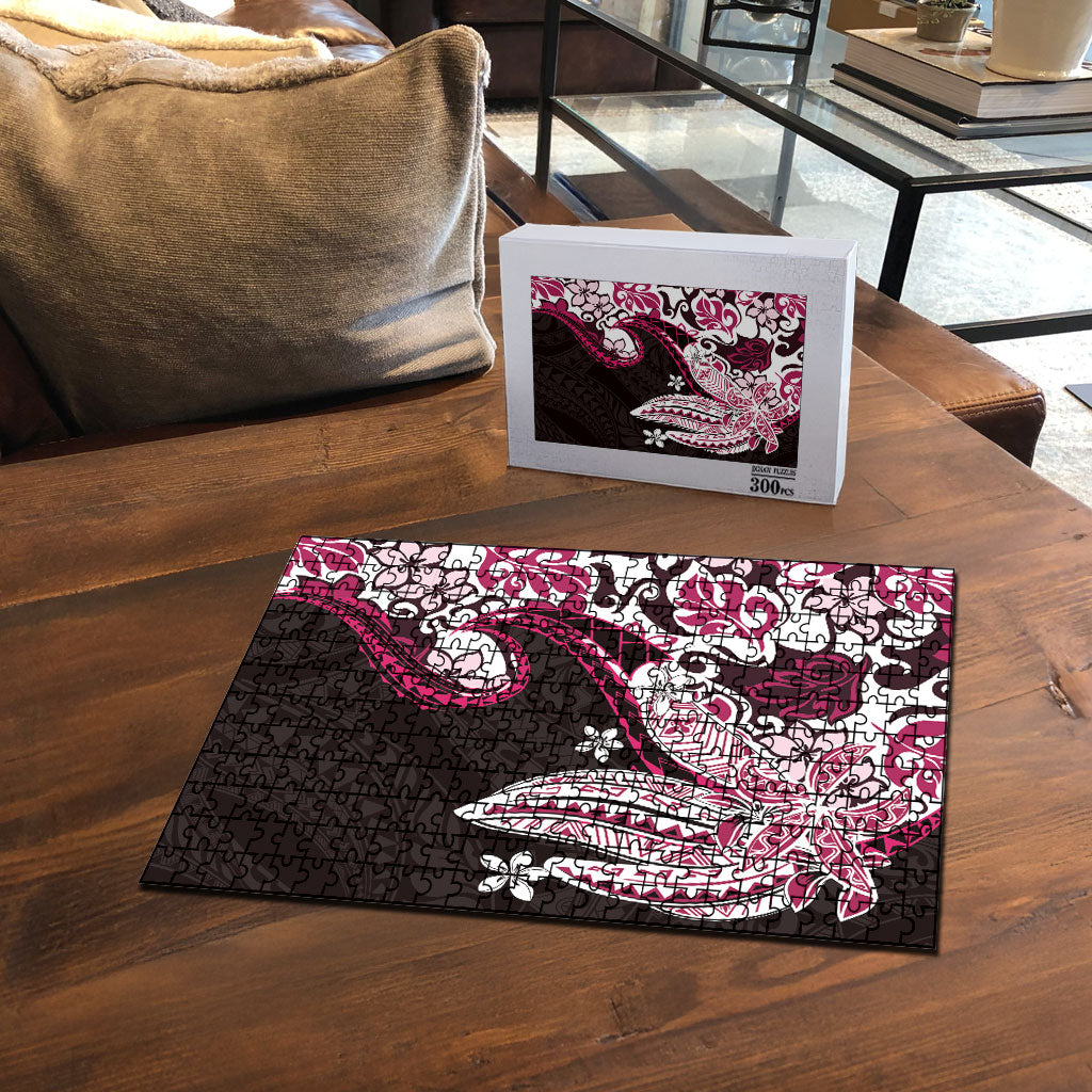 Monstera Plumeria Flowers Pink Puzzle Polynesian Pattern