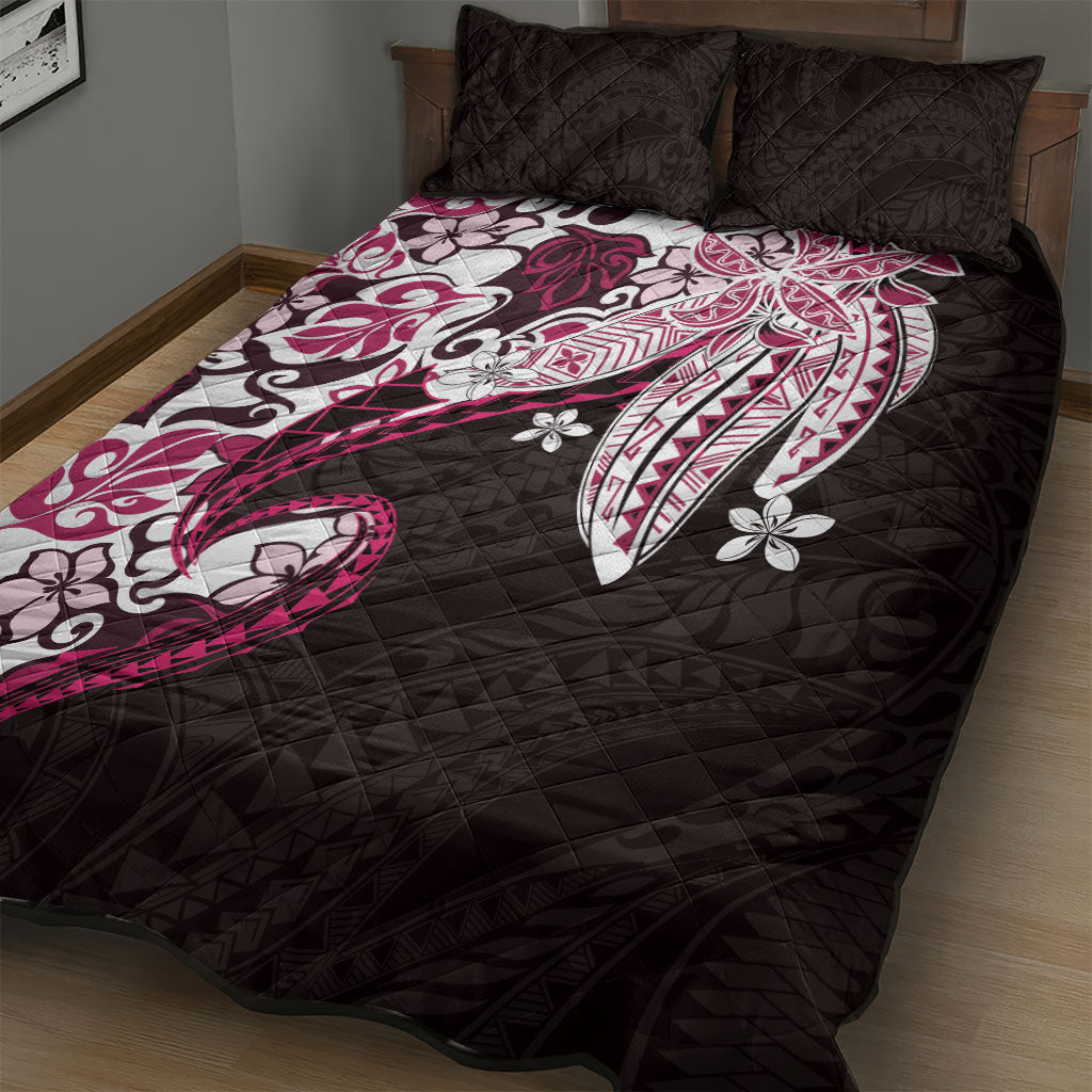 Monstera Plumeria Flowers Pink Quilt Bed Set Polynesian Pattern