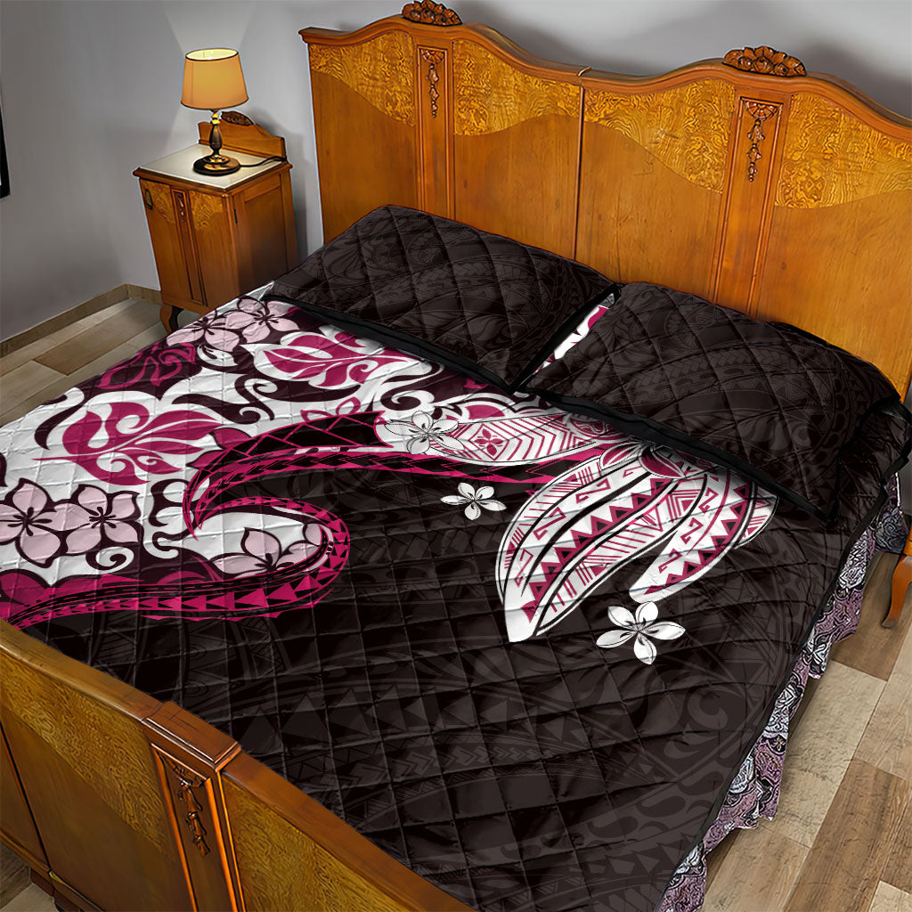 Monstera Plumeria Flowers Pink Quilt Bed Set Polynesian Pattern