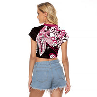 Monstera Plumeria Flowers Pink Raglan Cropped T Shirt Polynesian Pattern