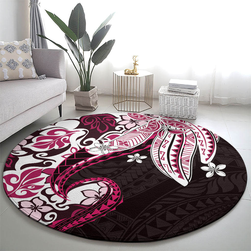 Monstera Plumeria Flowers Pink Round Carpet Polynesian Pattern