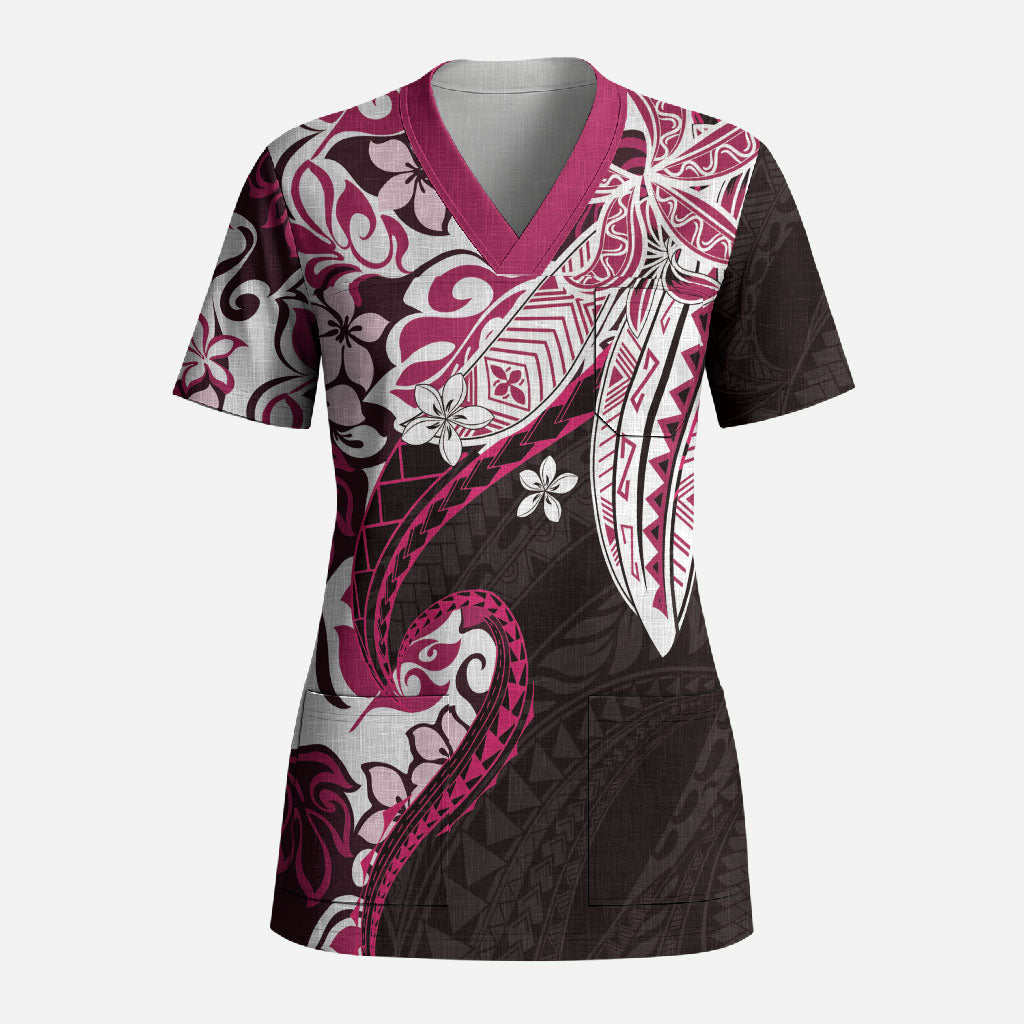Monstera Plumeria Flowers Pink Scrub Top Polynesian Pattern