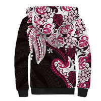 Monstera Plumeria Flowers Pink Sherpa Hoodie Polynesian Pattern